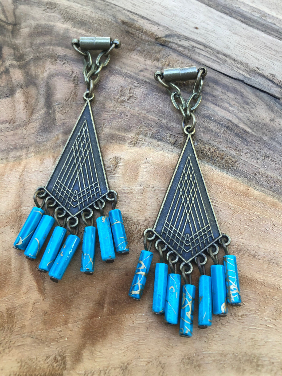Turquoise & Bronze Magnetic Clasp Gauged Earrings