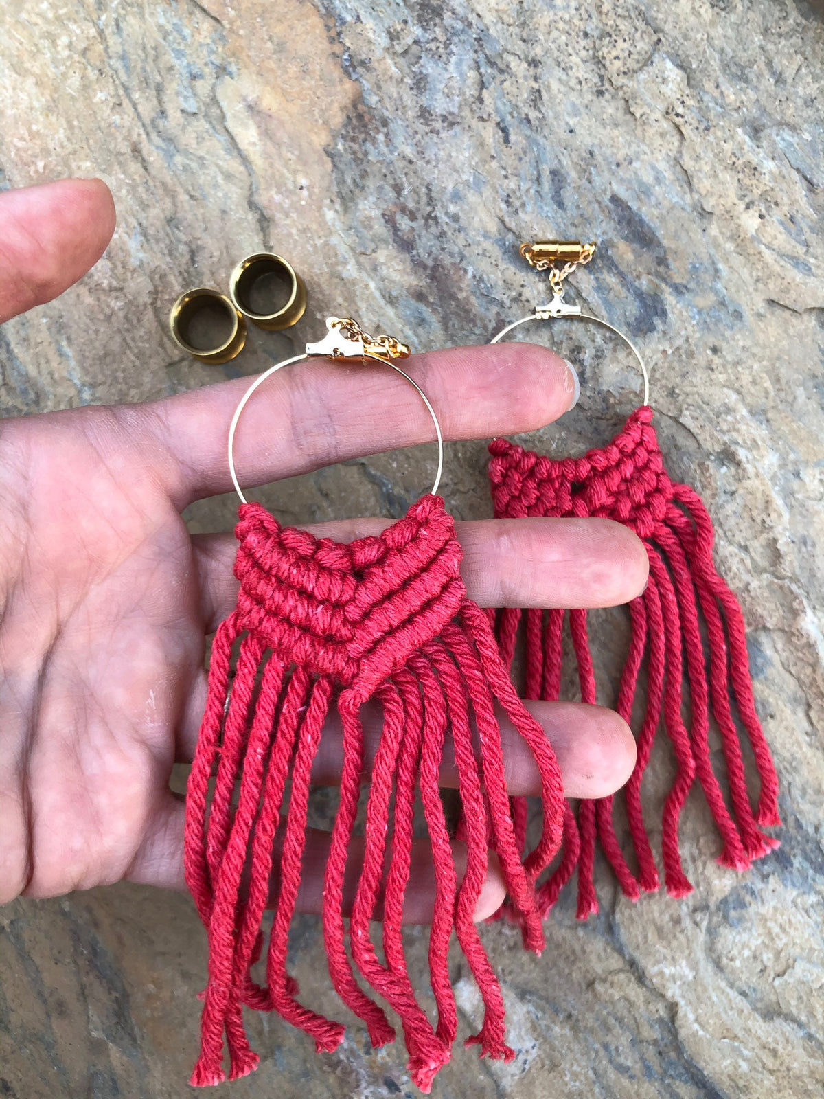 Red Macramé Magnetic Clasp Gauged Earrings