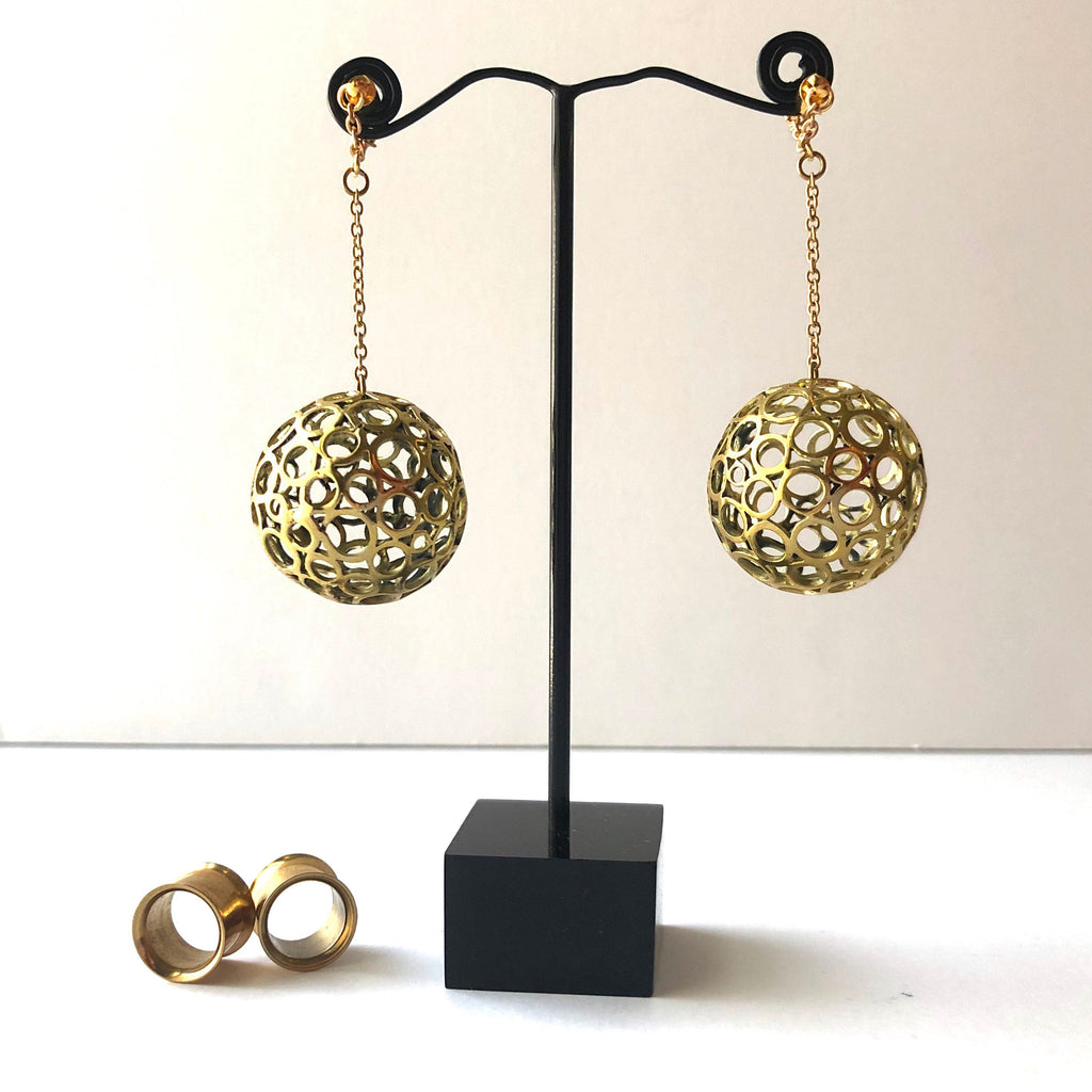 3D Brass Ball Magnetic Clasp Gauged Earrings