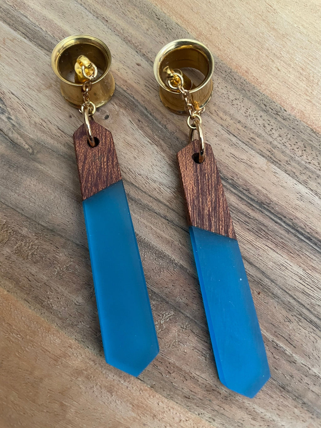 Blue Wood & Resin Magnetic Clasp Tunnel Earrings