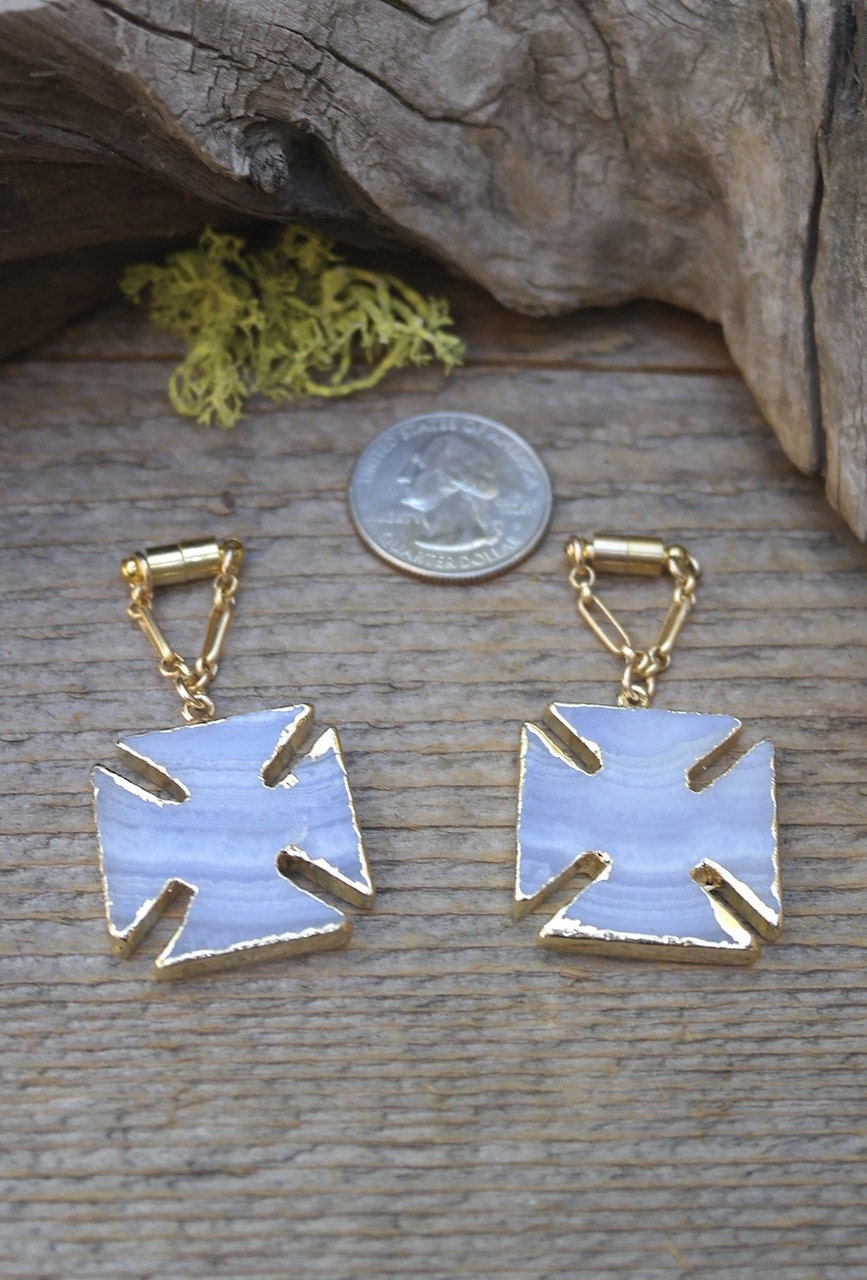 Blue Lace Agate Magnetic Clasp Gauged Earrings