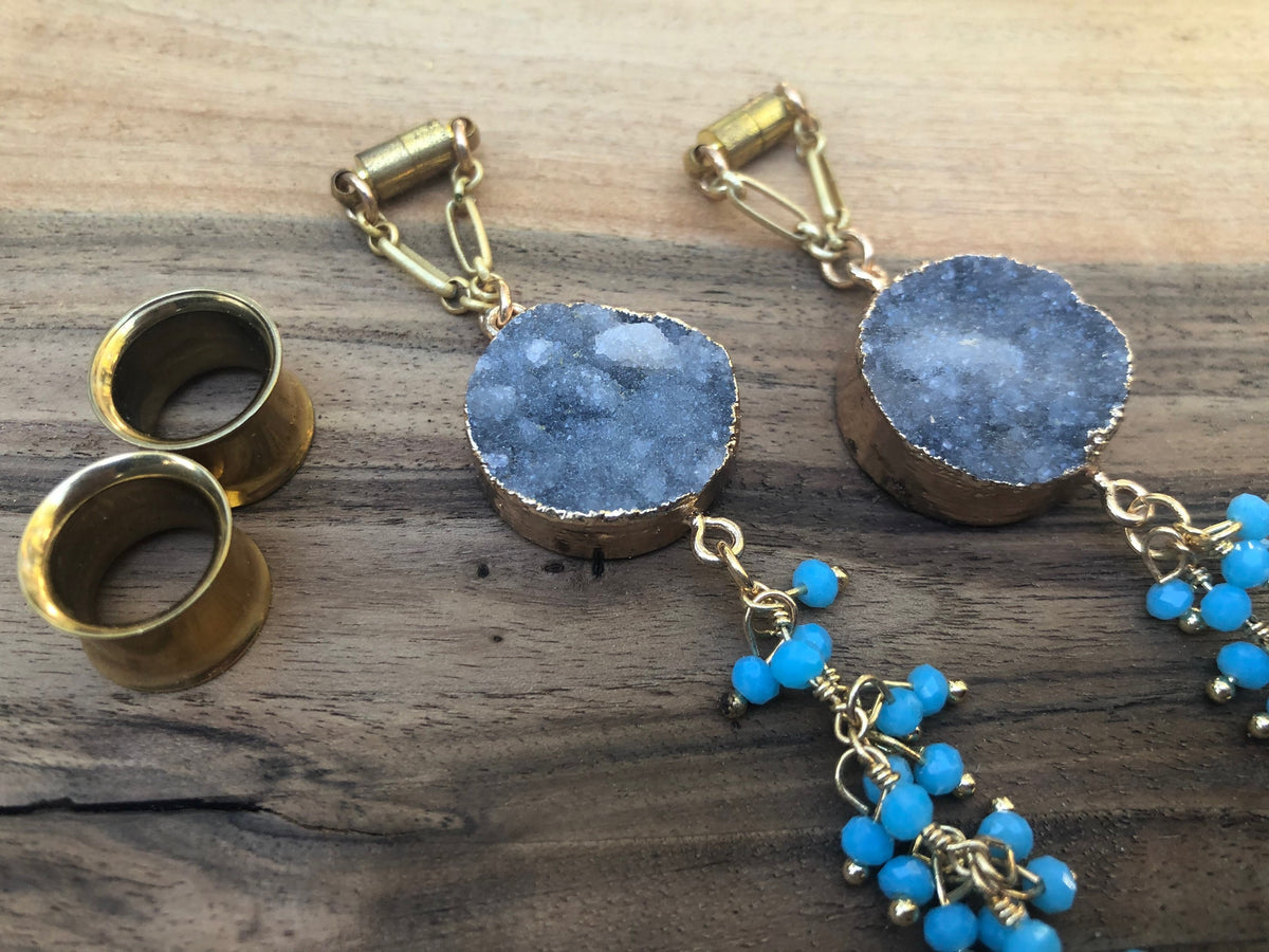 Gray Druzy & Blue Bead Magnetic Clasp Earrings