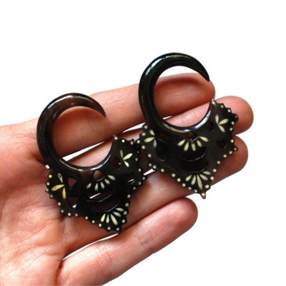 Reversible Carved Horn Earrings with Bone Inlay
