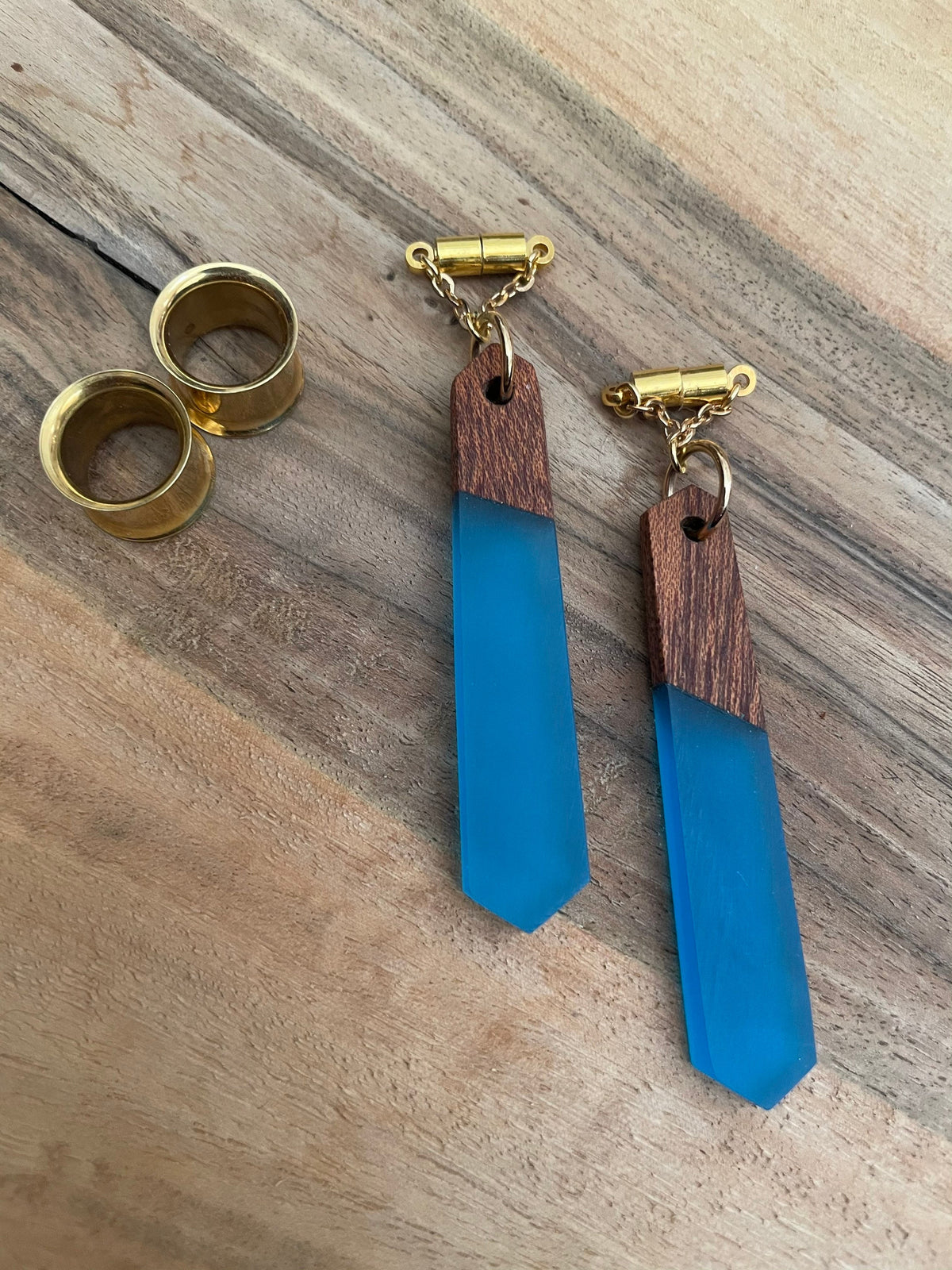 Blue Wood & Resin Magnetic Clasp Tunnel Earrings