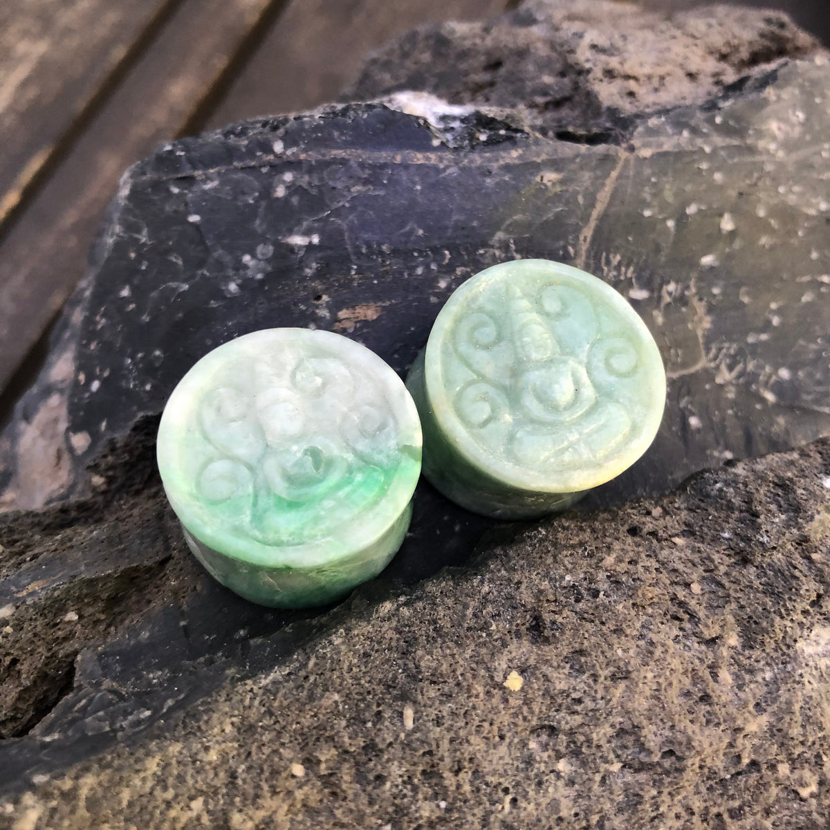 OOAK Carved Buddha Jadeite Plugs – 7/8" (22mm)