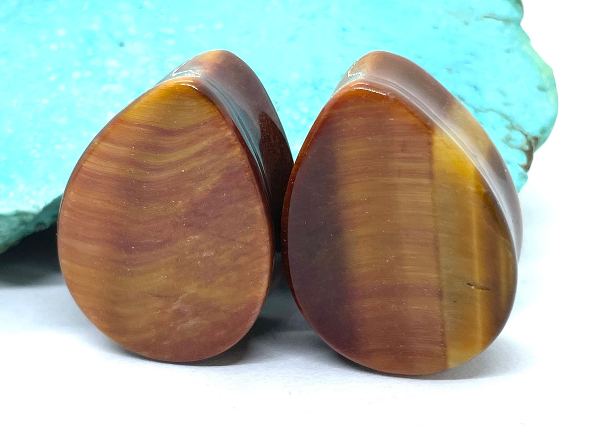 OOAK Red Tiger’s Eye Teardrop Plugs – 1" (25mm)