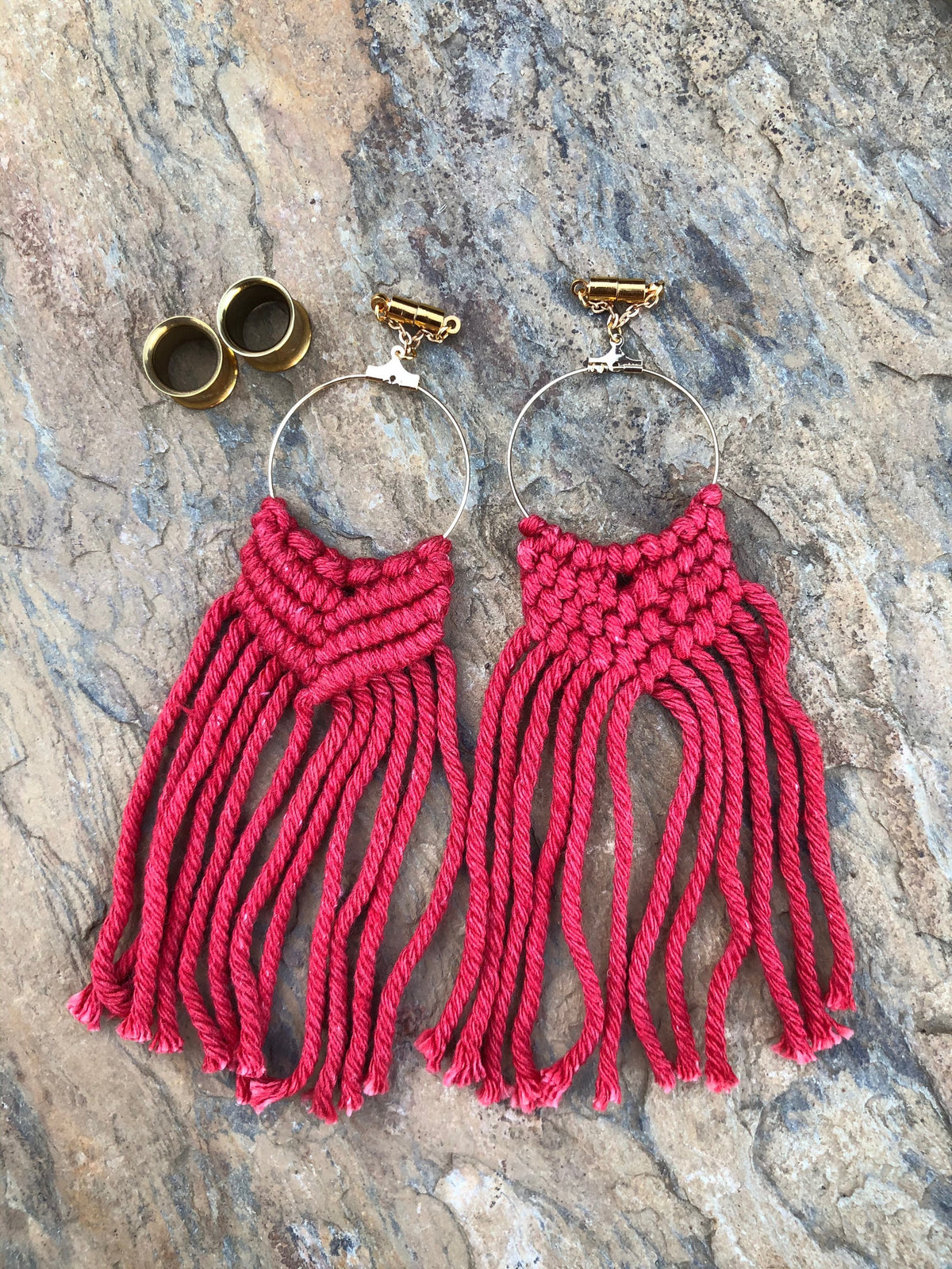 Red Macramé Magnetic Clasp Gauged Earrings