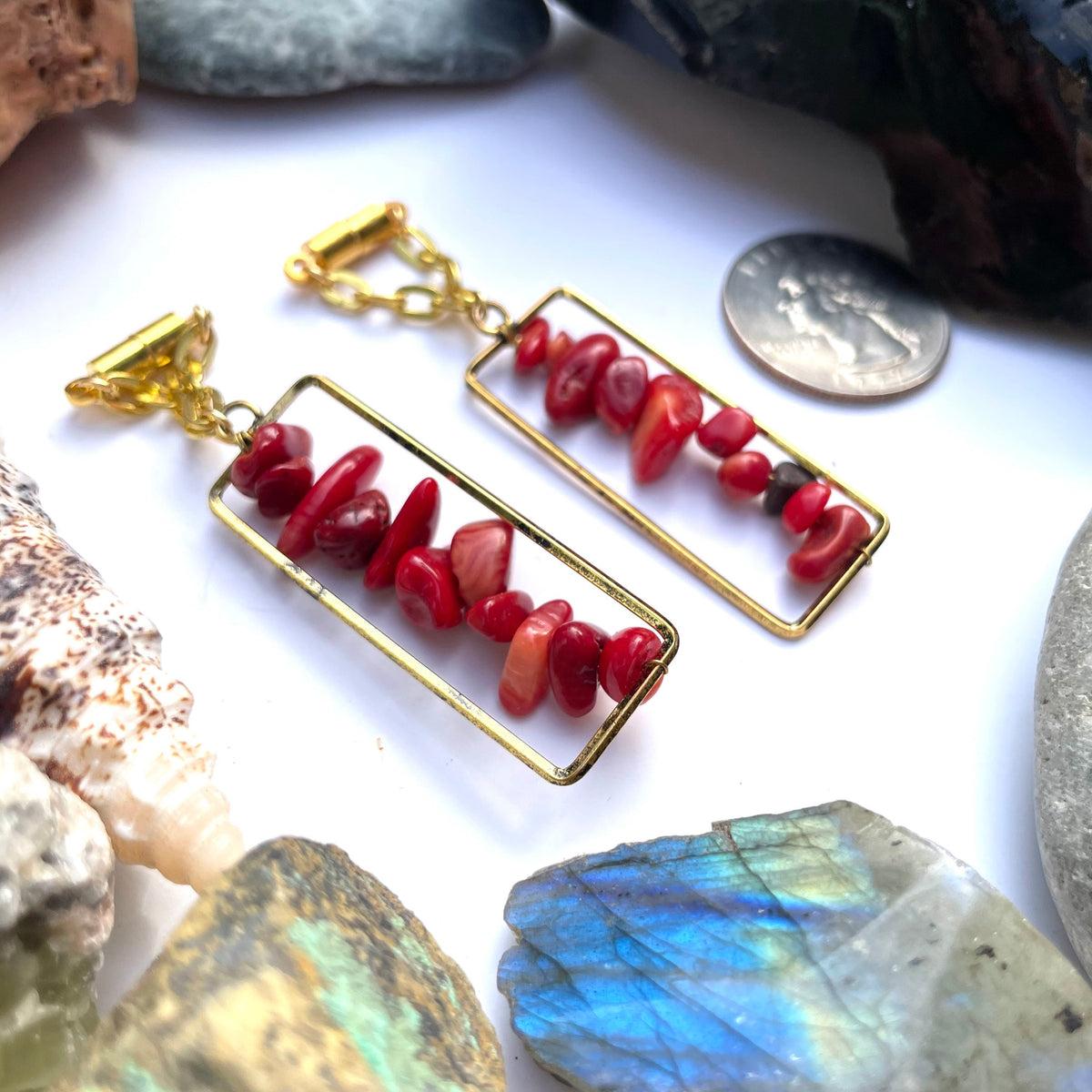 Brass & Coral Magnetic Clasp Gauged Earrings