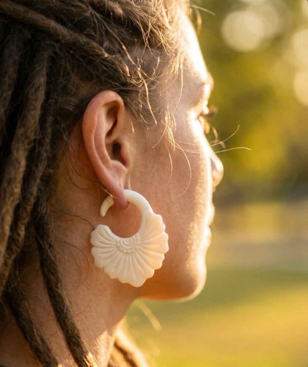 Carved Bone Flower Gauged Earrings – Ear Hangers