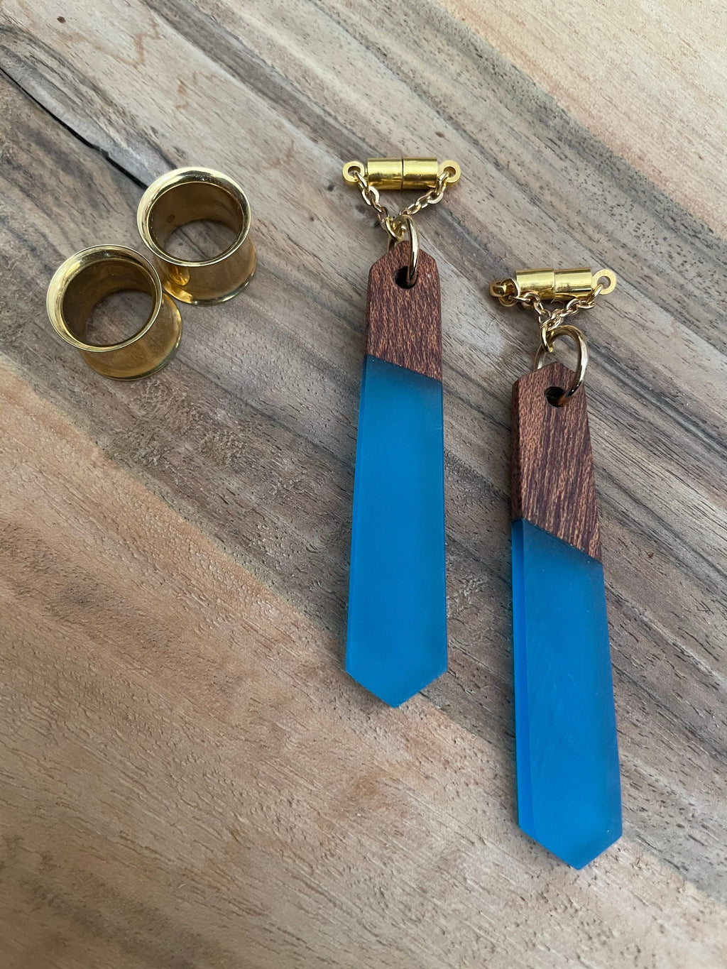Blue Wood & Resin Magnetic Clasp Tunnel Earrings