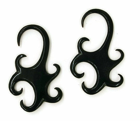 Carved Water Buffalo Horn Hanging Gauged Earrings