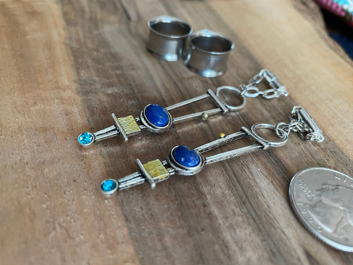 Mixed Metal & Lapis Magnetic Clasp Gauged Earrings