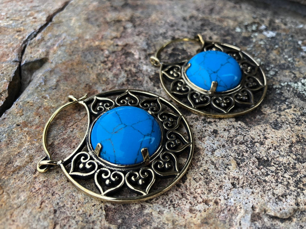 Brass & Turquoise Hoop Earrings – Optional Tunnels