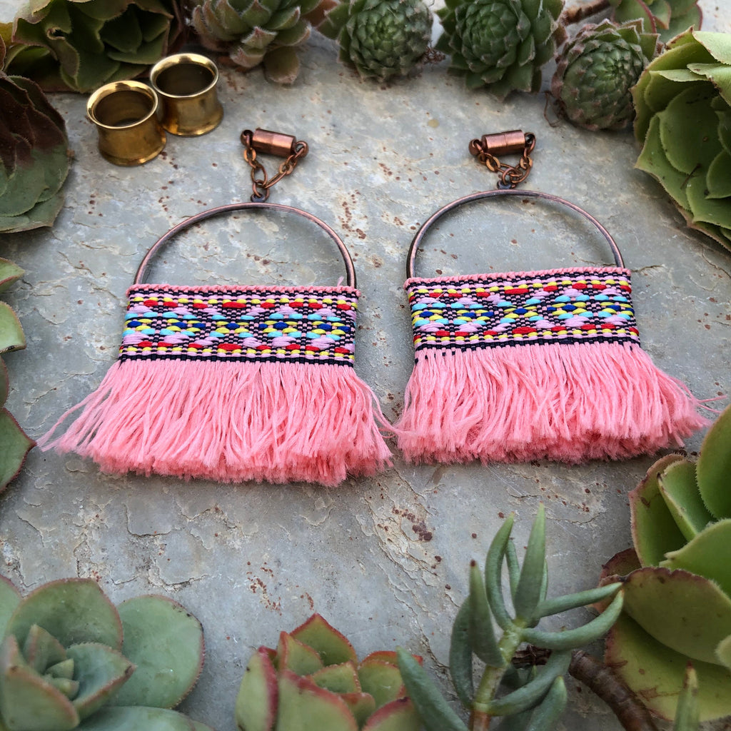 Pink Tassel & Copper Magnetic Clasp Gauged Earrings