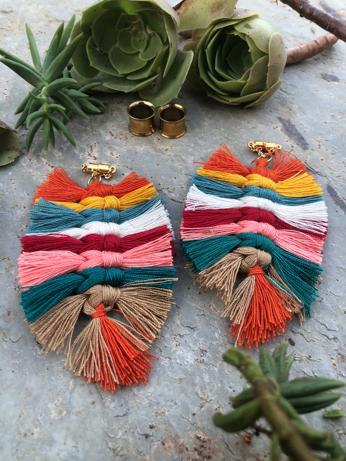 Multicolor Tassel Magnetic Clasp Gauged Earrings