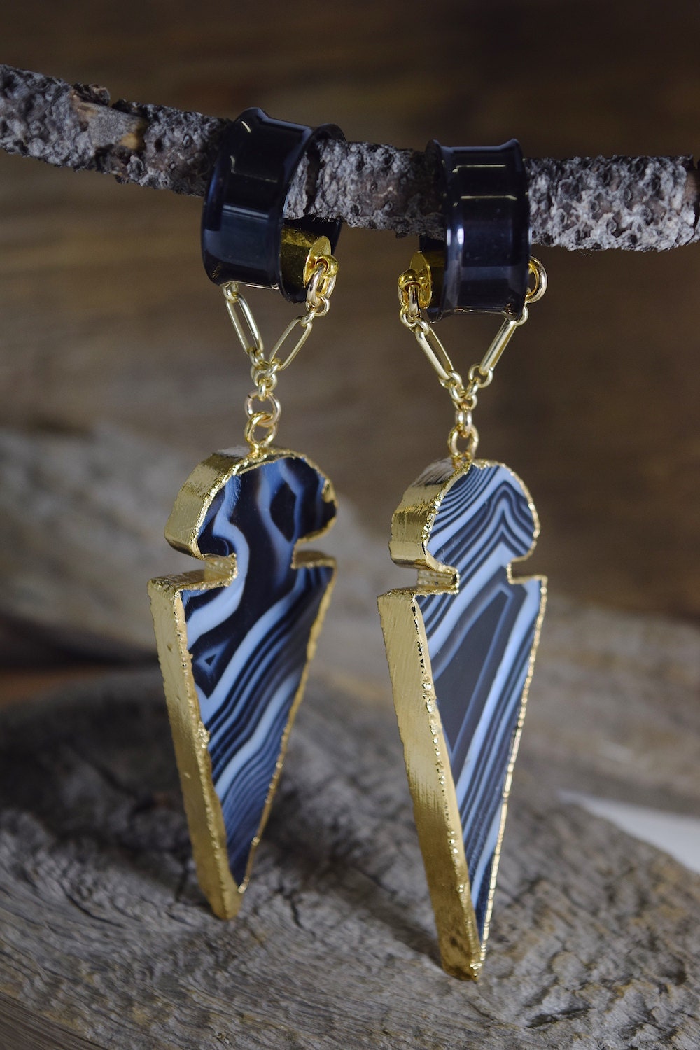 Striped Agate Arrowhead Ear Weights – Magnetic Clasp Earrings