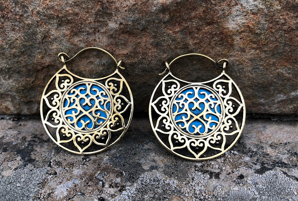 Brass & Turquoise Hoop Earrings – Optional Tunnels