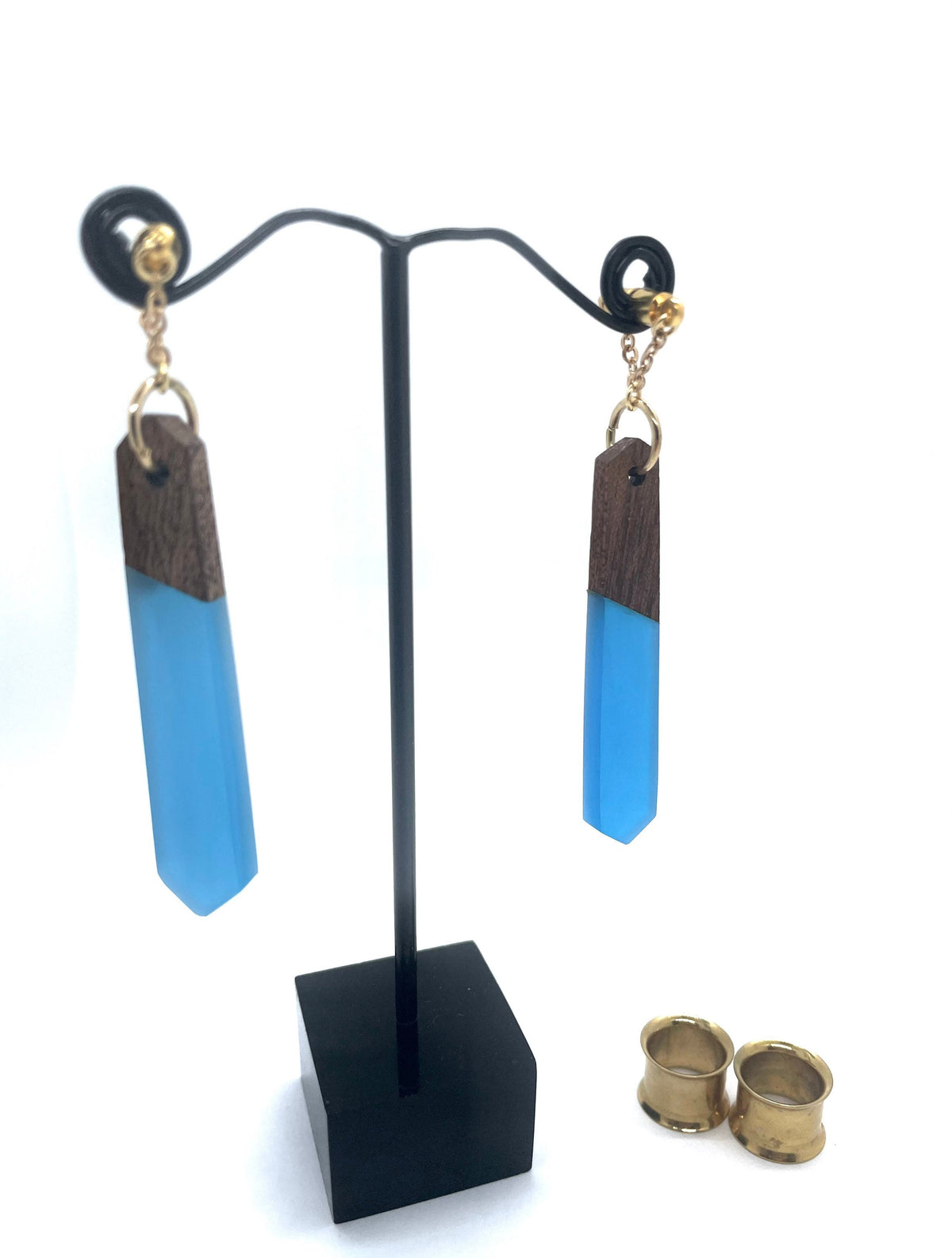 Blue Wood & Resin Magnetic Clasp Tunnel Earrings