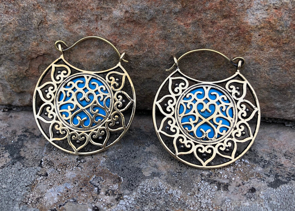 Brass & Turquoise Hoop Earrings – Optional Tunnels