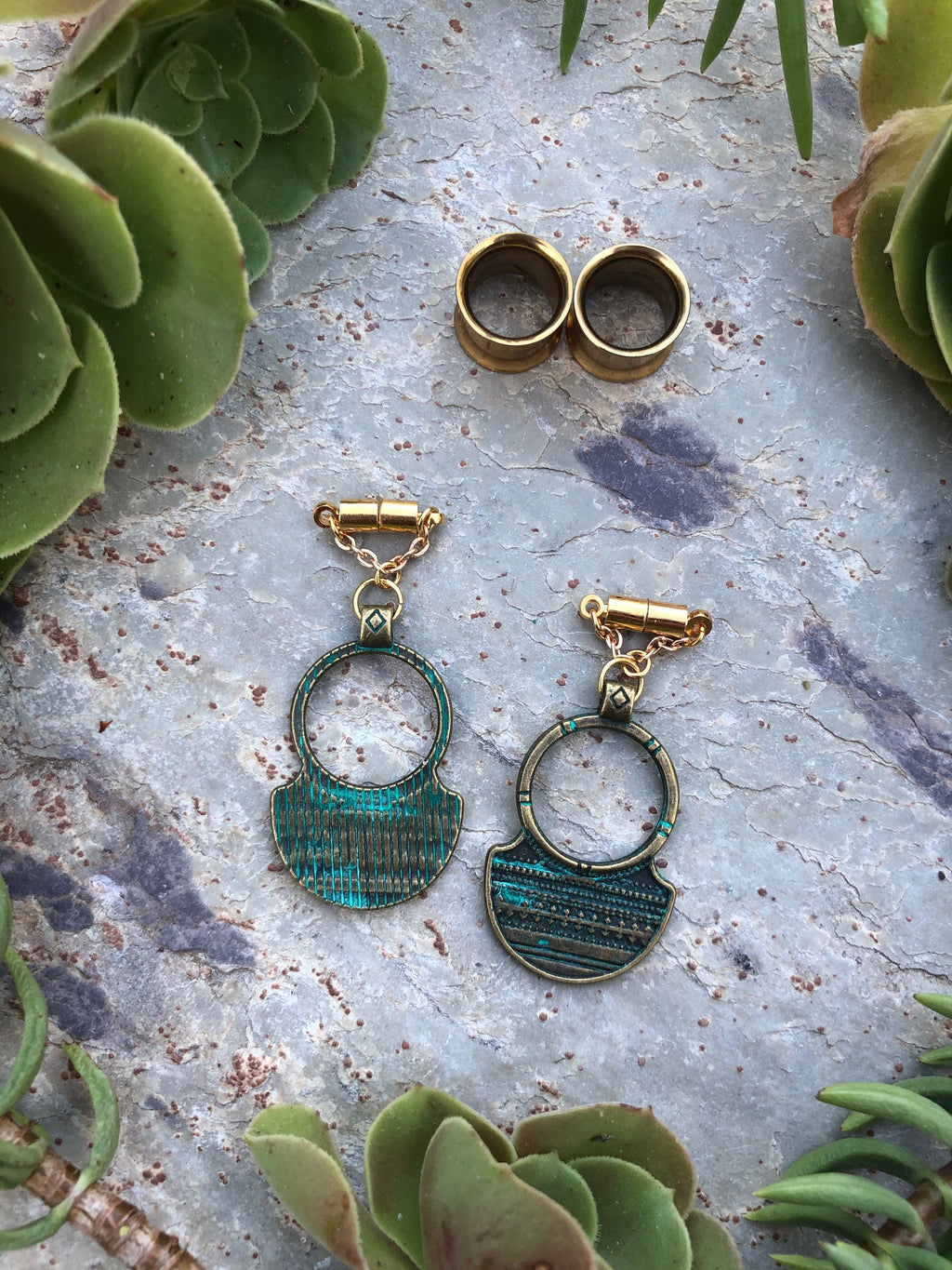 Patina Brass Magnetic Clasp Gauged Earrings