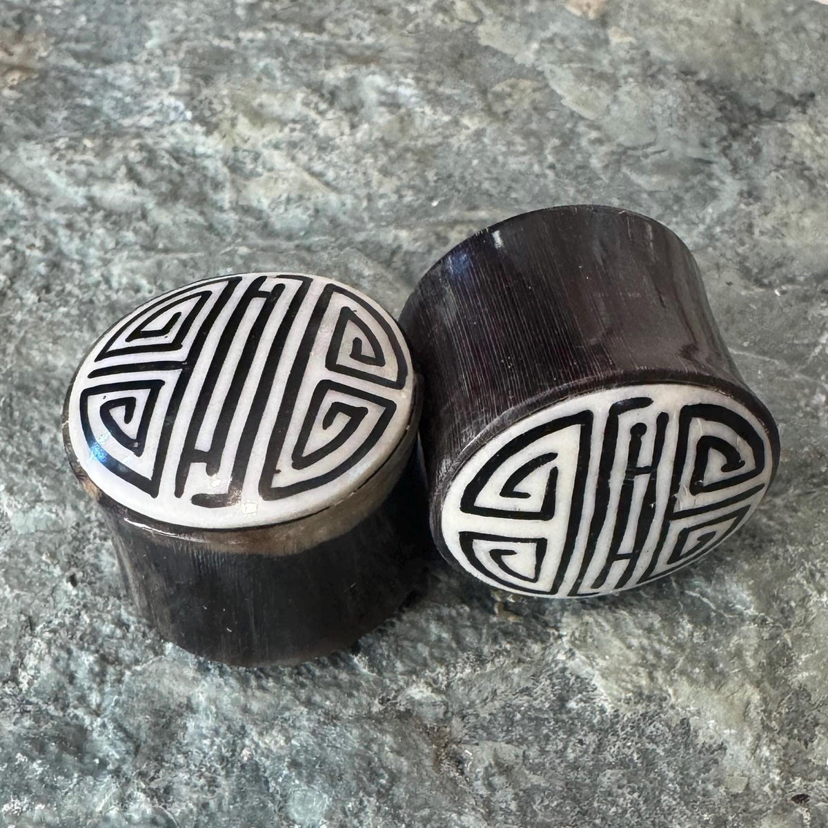 Chinese Shou Horn Plugs – Bone Inlay Ear Gauges