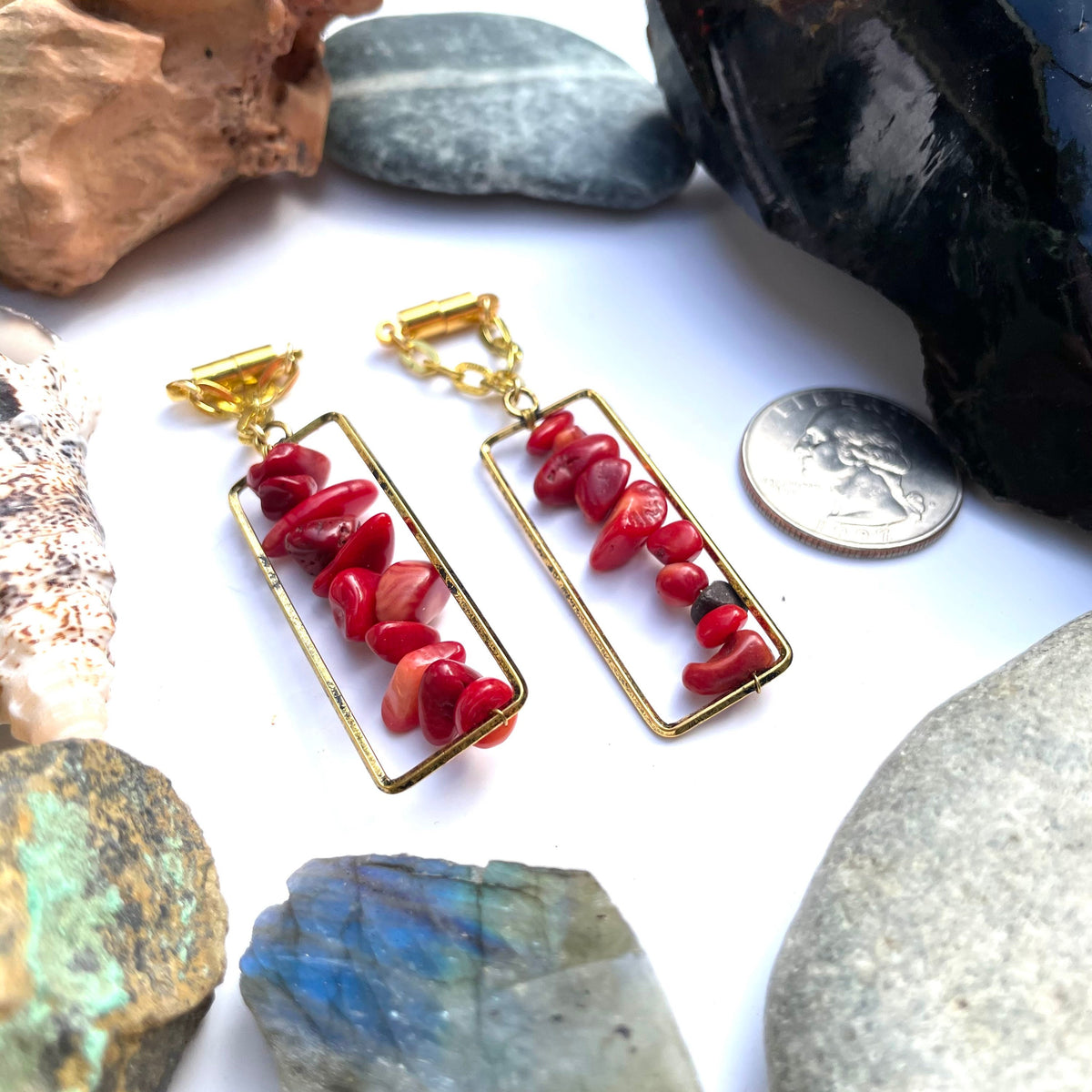Brass & Coral Magnetic Clasp Gauged Earrings