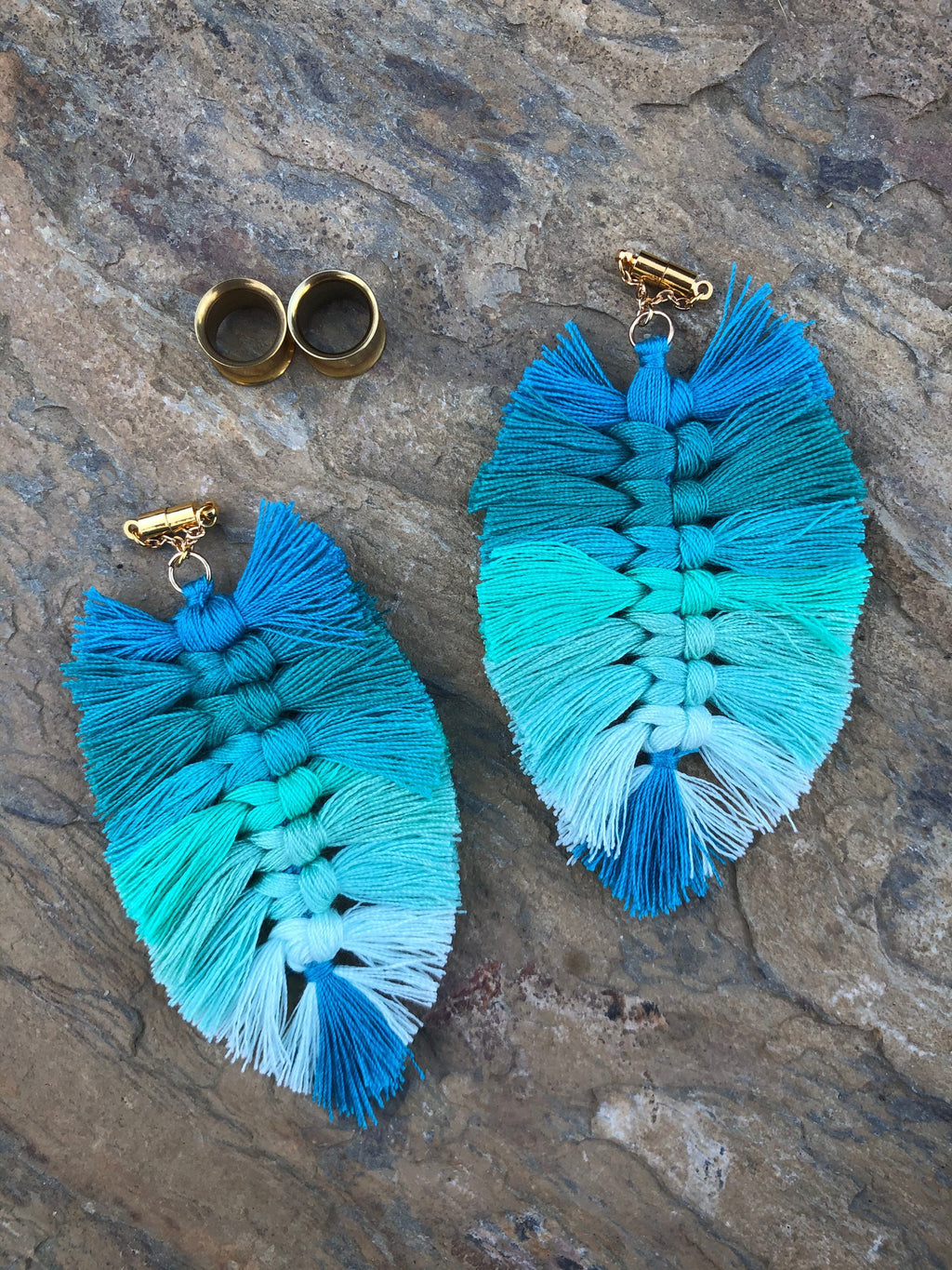 Blue Multicolor Tassel Magnetic Clasp Gauged Earrings