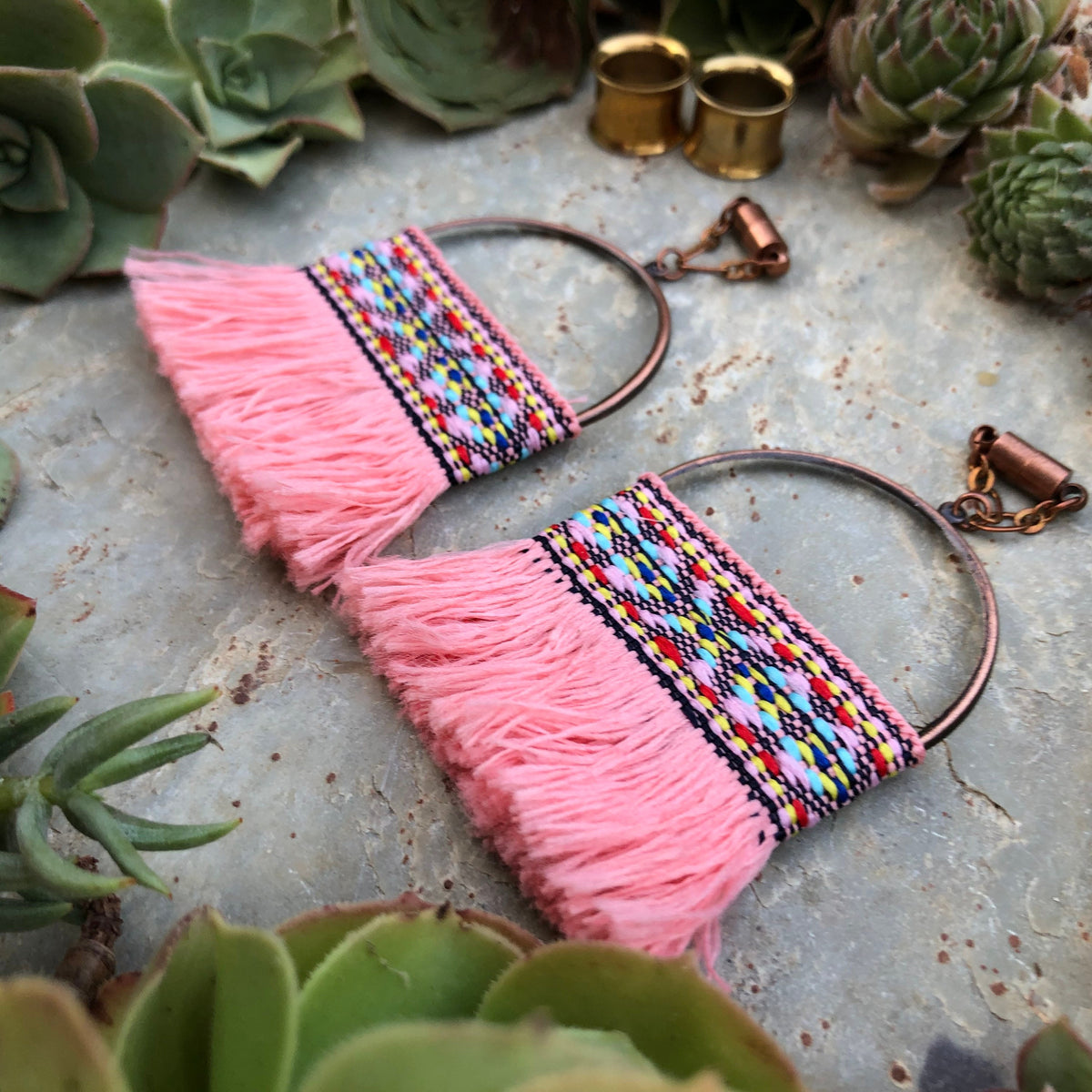 Pink Tassel & Copper Magnetic Clasp Gauged Earrings