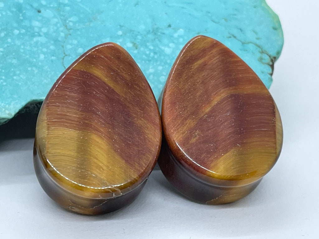 OOAK Red Tiger’s Eye Teardrop Plugs – 1" (25mm)