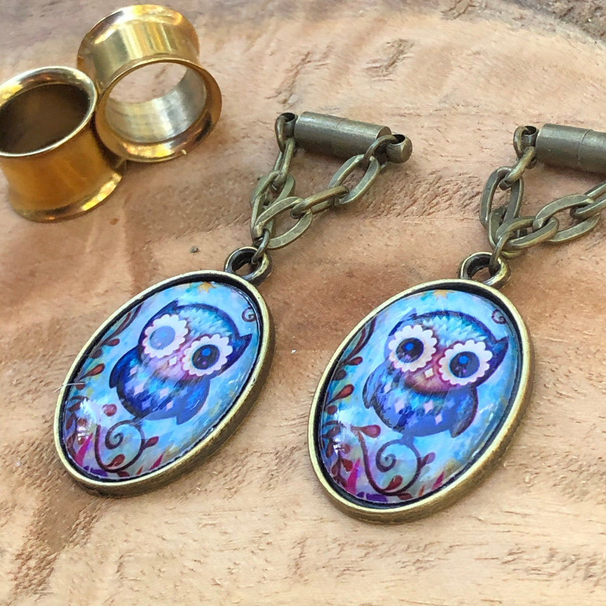 Owl Bronze Magnetic Clasp Gauged Earrings