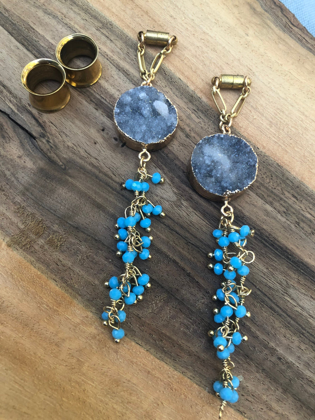 Gray Druzy & Blue Bead Magnetic Clasp Earrings