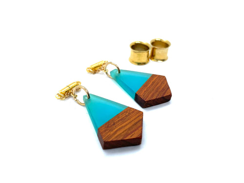 Blue Wood & Resin Magnetic Clasp Gauged Earrings
