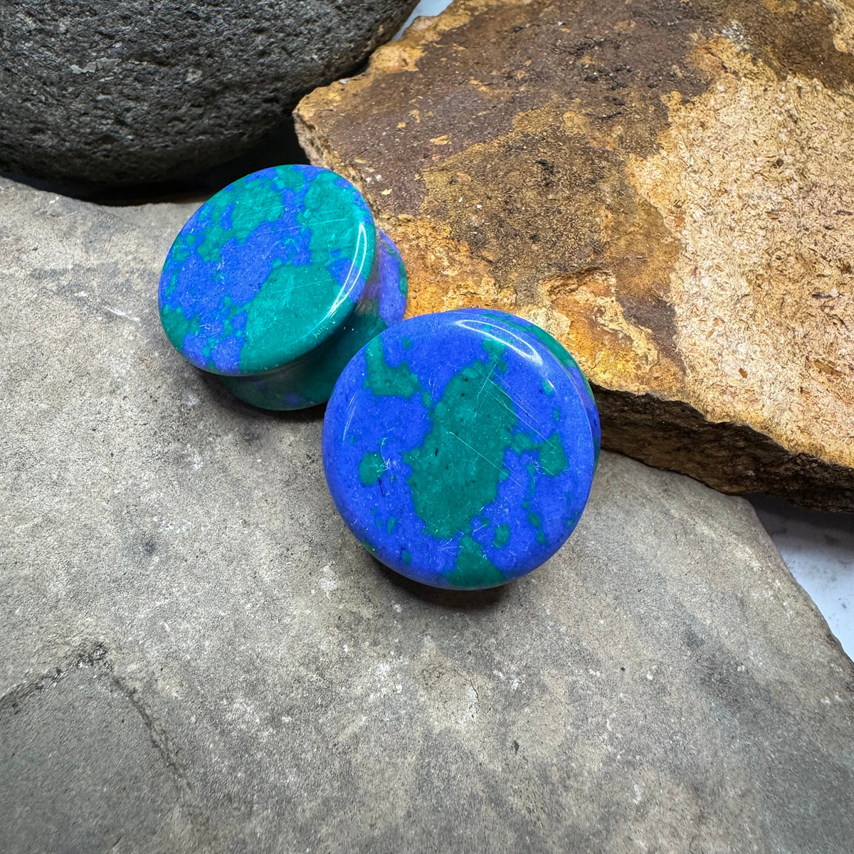 OOAK Azurite Stone Plugs – 1" (25mm)