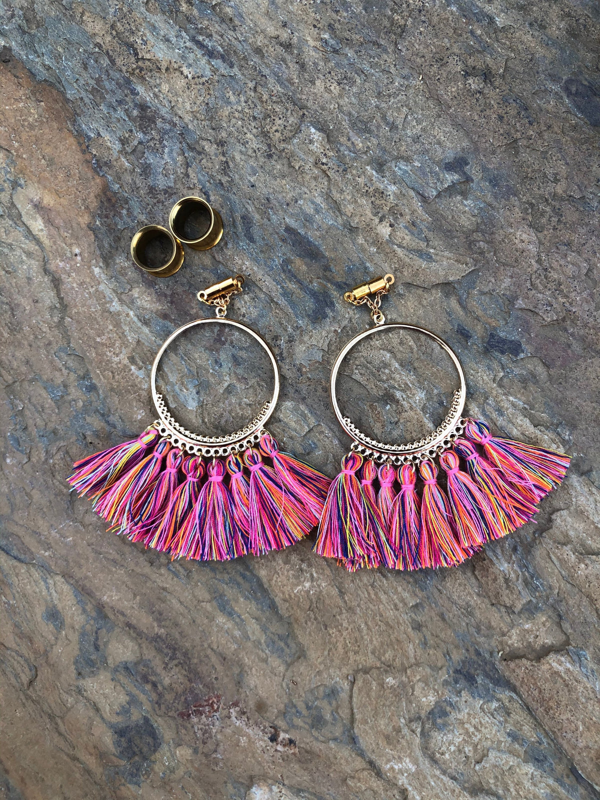 Pink Tassel Chandelier Magnetic Clasp Gauged Earrings