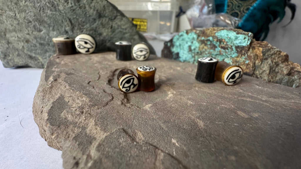 Eye of Ra & Horus Horn Plugs – Bone Inlay