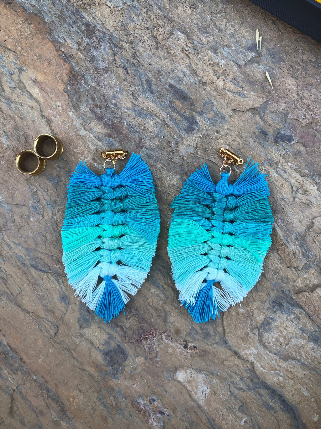 Blue Multicolor Tassel Magnetic Clasp Gauged Earrings
