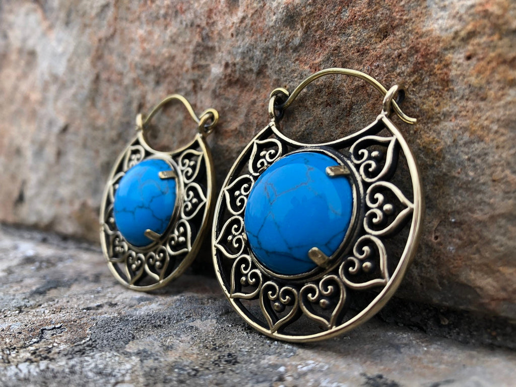 Brass & Turquoise Hoop Earrings – Optional Tunnels
