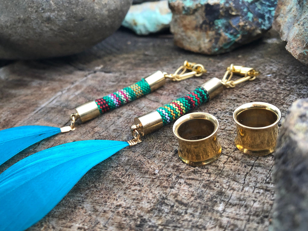 Teal Feather Magnetic Clasp Gauged Earrings