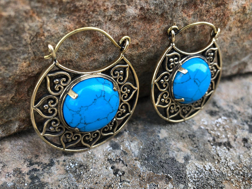 Brass & Turquoise Hoop Earrings – Optional Tunnels