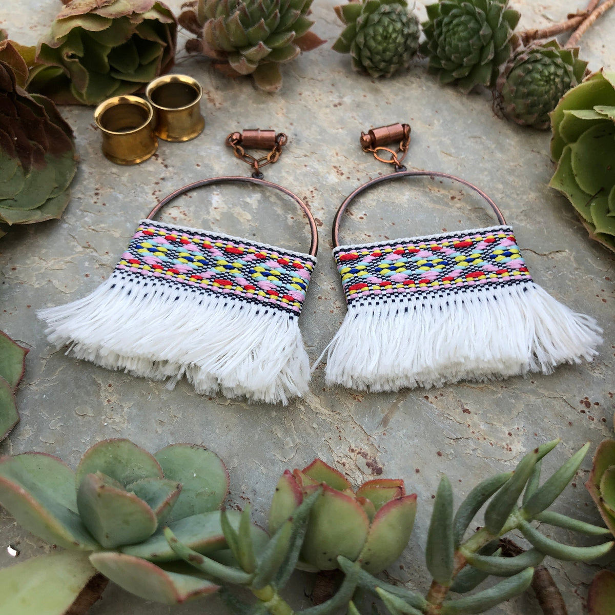 White Tassel & Bronze Magnetic Clasp Gauged Earrings