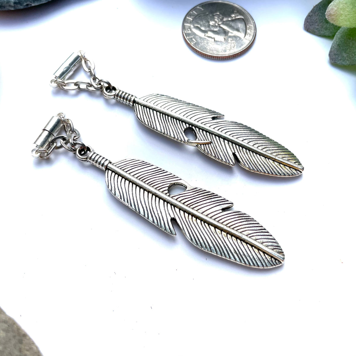 Silver-Tone Brass Feather Magnetic Clasp Earrings