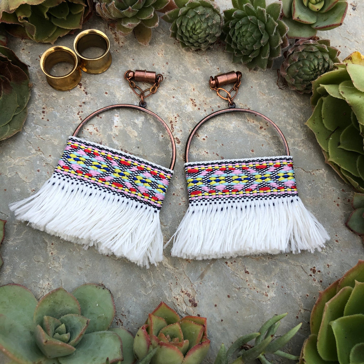 White Tassel & Bronze Magnetic Clasp Gauged Earrings