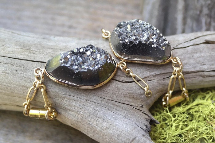 Black Druzy Magnetic Clasp Gauged Earrings