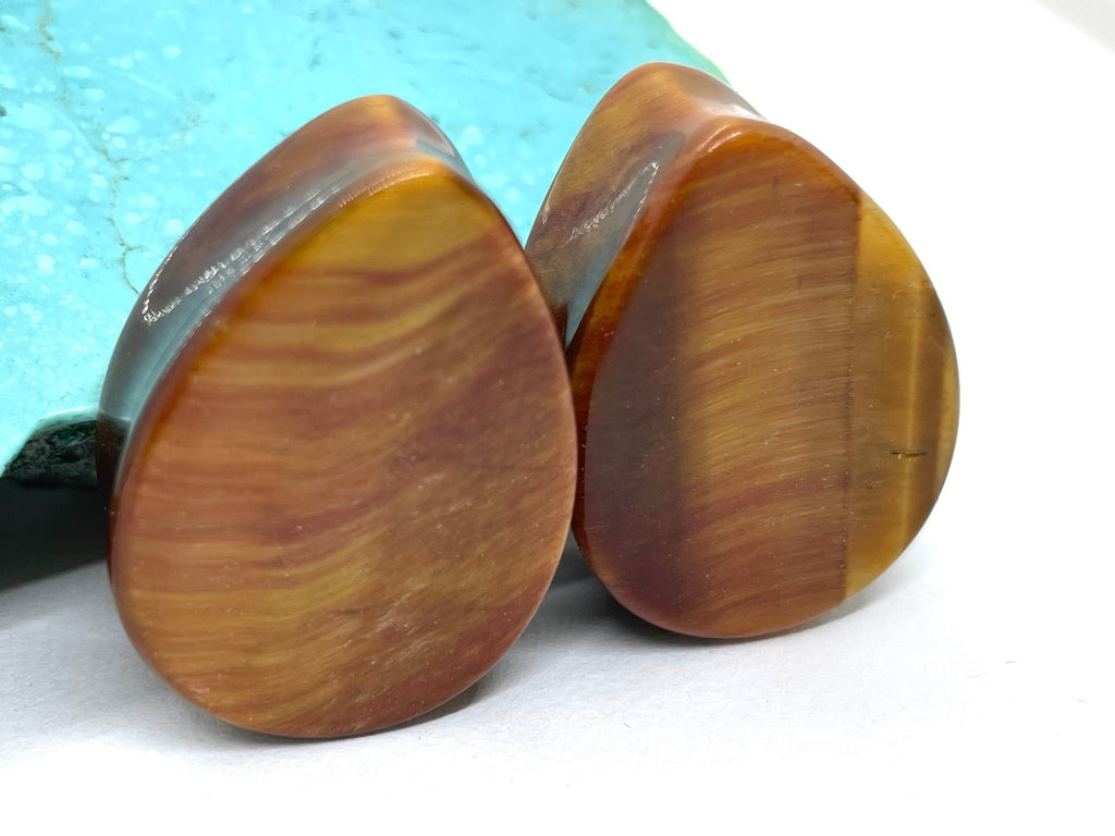 OOAK Red Tiger’s Eye Teardrop Plugs – 1" (25mm)