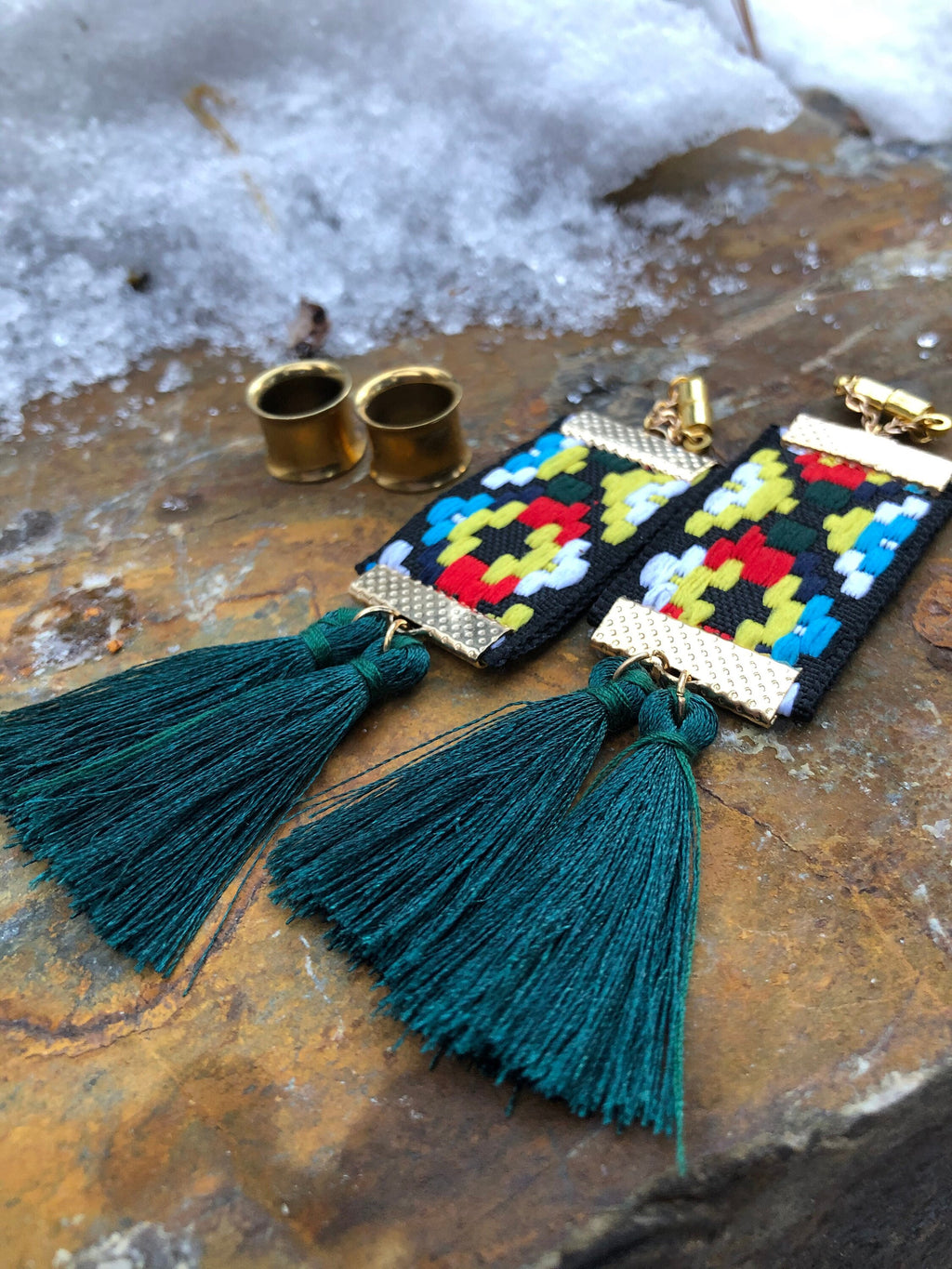 Tassel & Embroidered Fabric Magnetic Clasp Earrings
