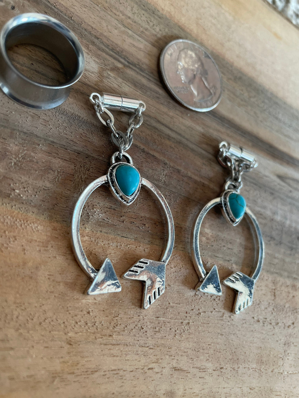 Turquoise Circular Arrow Magnetic Clasp Gauged Earrings