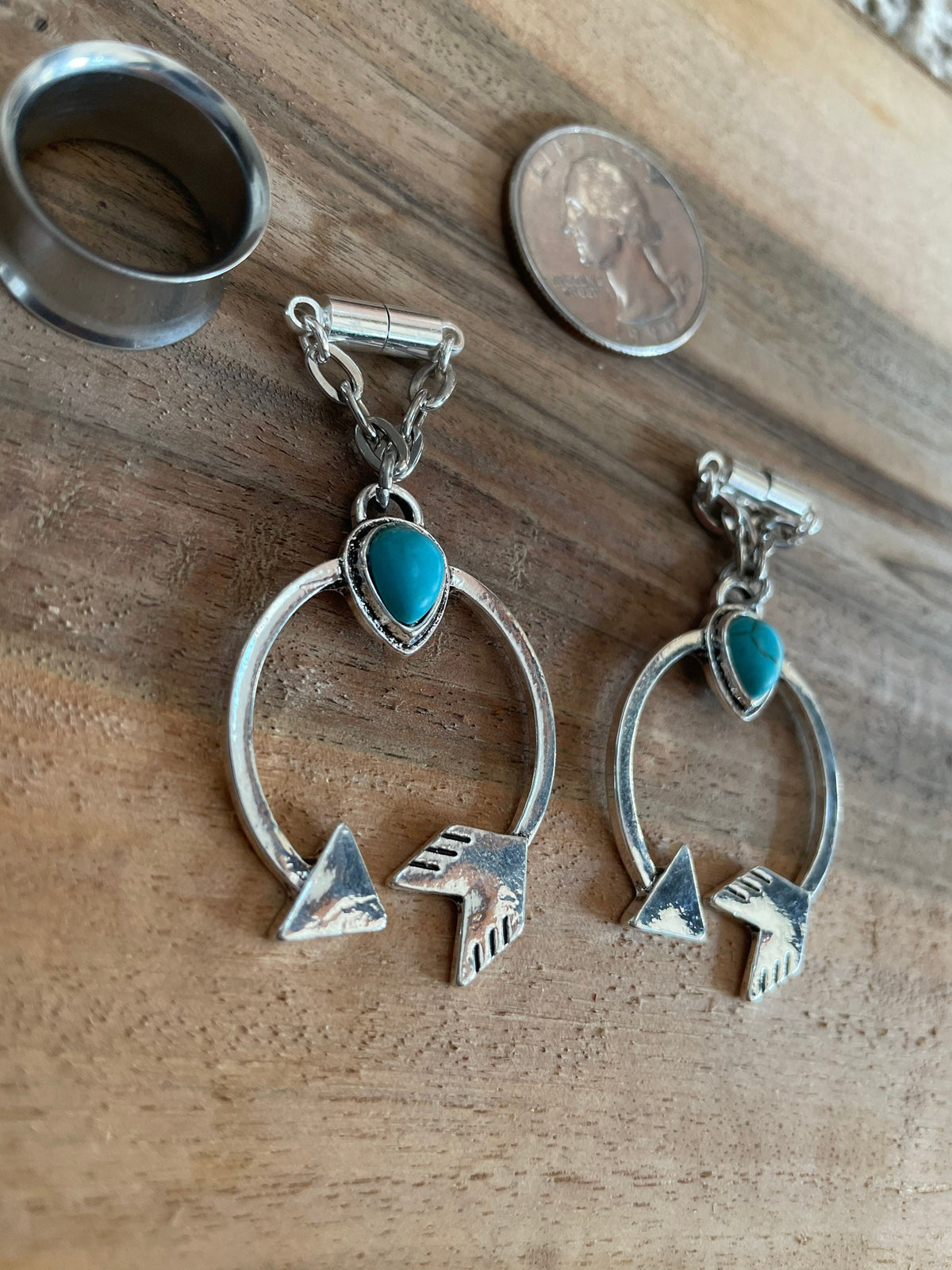 Turquoise Circular Arrow Magnetic Clasp Gauged Earrings