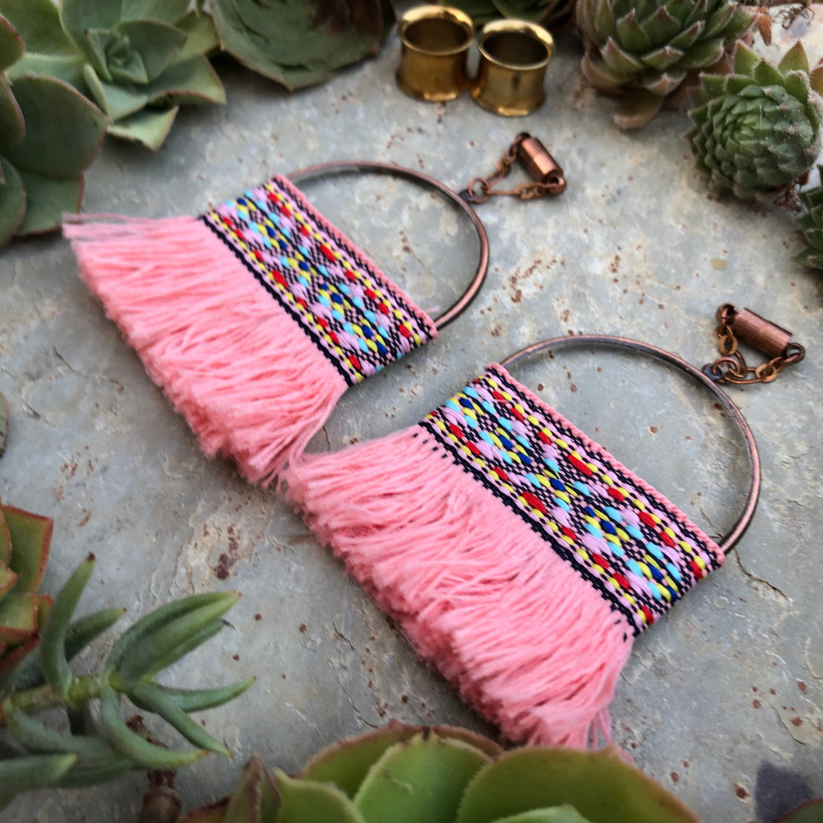 Pink Tassel & Copper Magnetic Clasp Gauged Earrings