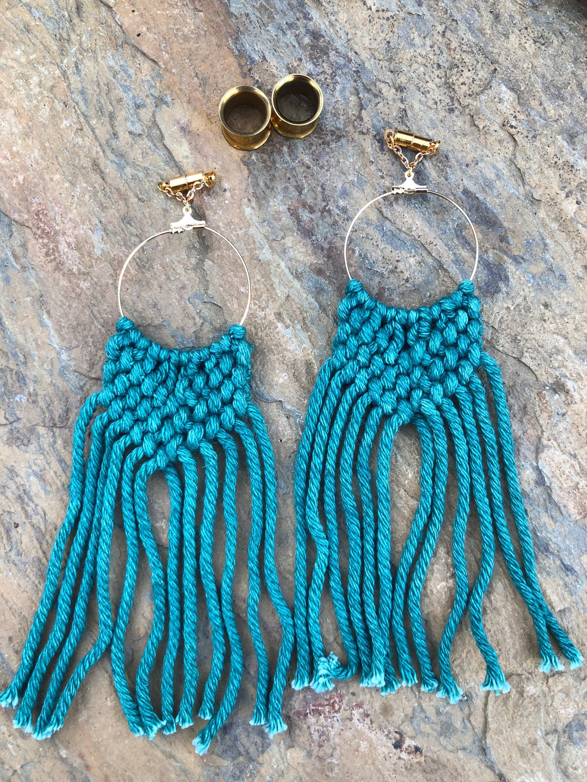 Teal Macramé Magnetic Clasp Gauged Earrings