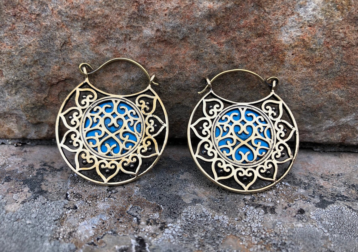 Brass & Turquoise Hoop Earrings – Optional Tunnels